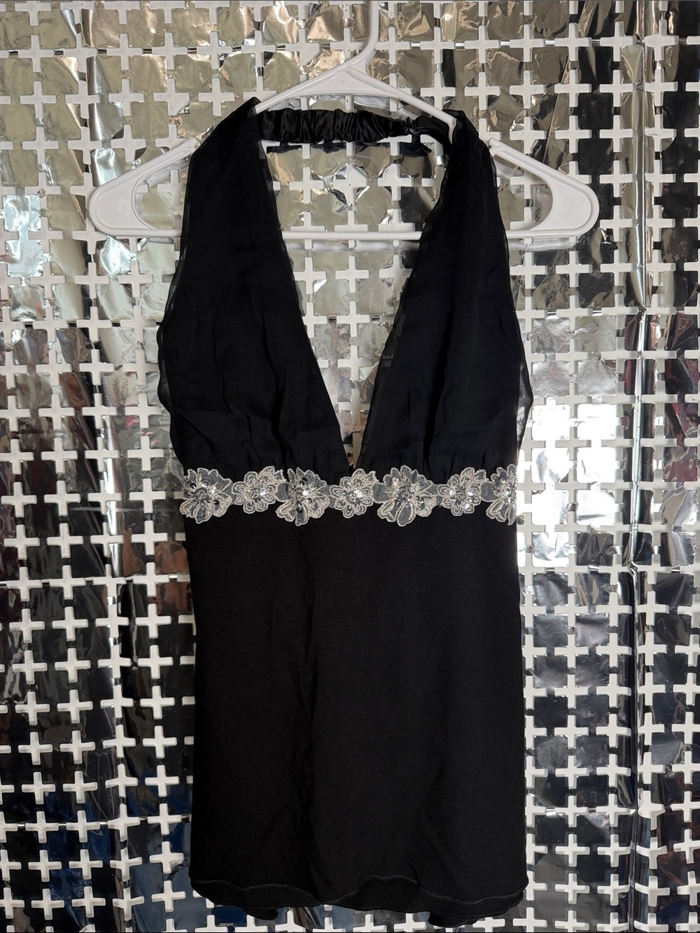 Arden B Black Halter Tank with Silver Floral Trim